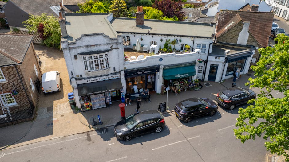 An aerial view of a charming street scene showing small retail shops on Surbiton High Street, including a flower shop with a green awning and a flower display outside. Several parked cars line the str