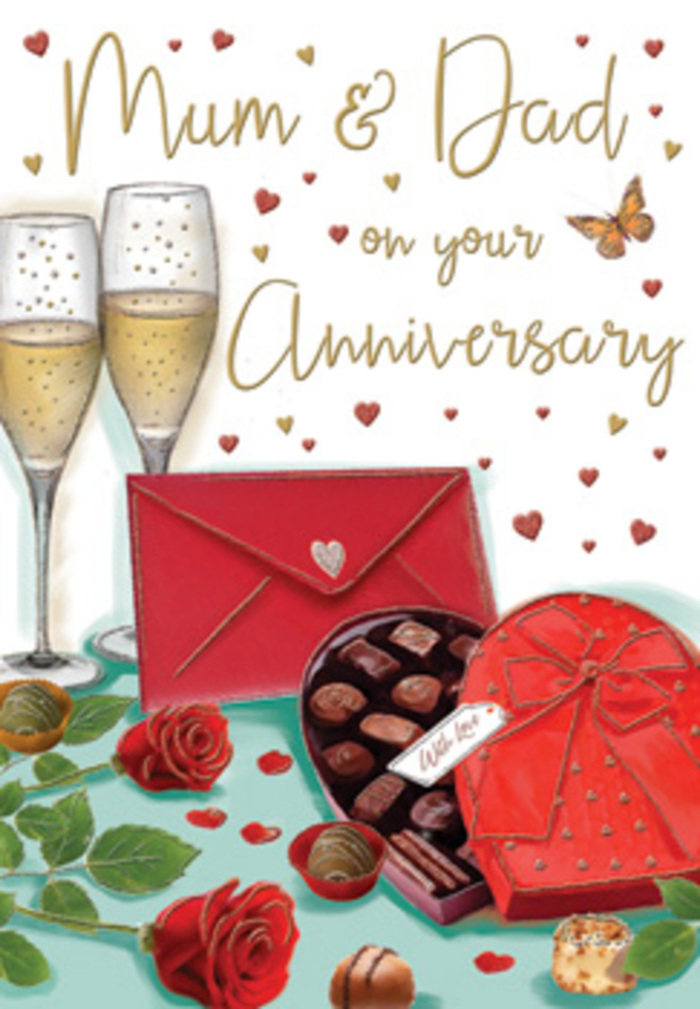 Beautifully composed anniversary card scene, illustrated like a still-life celebration one might find in a cosy Surbiton living room. In the middle of the card, two tall champagne flutes stand side by side, almost touching, filled with a golden, sparkling drink whose tiny bubbles rise delicately, creating the feeling of anticipation just before a toast. Close by, a pair of deep red roses lie gently on the table, cushioned by lush green leaves that contrast against the warm background, recalling fresh, hand-tied stems selected at a Surbiton florist off Brighton Road. In the foreground, a heart-shaped chocolate box, wrapped in an opulent red ribbon and neatly tied bow, lies open to reveal a tempting selection of smooth truffles; a few chocolates are placed casually beside it, suggesting slow, shared enjoyment rather than a rushed gift. Across the soft, slightly glowing backdrop, small red and metallic gold hearts float like scattered confetti, some circling the handwritten Mum & Dad message that anchors the card in affectionate family celebration. To one side, a scarlet envelope, sealed and slightly turned, hints at a personal anniversary note filled with memories of years spent together walking around Claremont Gardens or along the riverside. Gentle, warm light falls over the entire arrangement, creating subtle reflections on the glass, a soft sheen on the chocolate, and delicate shadows behind the roses and envelope. The overall mood of the illustration is tender and serene, evoking the quiet joy of celebrating another year of love at home, with champagne, flowers, and chocolates as the symbolic touches of care.