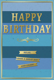 This birthday card captures a feeling of relaxed celebration, as if it were waiting on a sideboard in a Surbiton home, ready to be opened after a leisurely stroll by the river. The front design is structured in broad, horizontal stripes of blue that gradually shift in tone from a strong navy at the bottom through rich mid-blues and teal, up into a gentle, pale sky blue at the top. The colour transitions are smooth and carefully balanced, creating a calm visual rhythm like watching clouds drift by. Centred on this blue background, the phrase HAPPY BIRTHDAY is proudly displayed in bold, capital gold letters. The metallic foil is embossed, giving each character a defined, raised edge and a soft reflective quality that gleams gently when light hits it. Beneath the main message sits an elegant golden flourish, a fine decorative line that serves as a graceful bridge between the headline greeting and the text below. Under this flourish are three slim gold banners, perfectly aligned one under another. Each ribbon carries a simple, warm sentiment: Relax, have a great day and enjoy! The entire composition is surrounded by a narrow gold border that echoes the metallic details and keeps the design contained and orderly. The blues have a matte, velvety appearance, which contrasts beautifully with the smooth, glossy texture of the gold foil. You can imagine this card paired with a fresh floral arrangement from Flowers Surbiton, standing together on a windowsill, the gold catching sunlight and quietly inviting the recipient to slow down, feel celebrated, and truly enjoy their birthday.