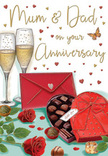 Detailed anniversary card illustration portraying an intimate, romantic setting that feels perfectly suited to a Surbiton couple marking a special milestone. Dominating the centre of the scene, two slender champagne flutes stand together, both filled with golden champagne sparkling with tiny bubbles, as if captured in the seconds before a gentle clink. Nearby, luxuriant red roses with velvety, layered petals rest against a cluster of deep green leaves, bringing a florist's sense of texture and freshness to the artwork, much like a bouquet chosen from Flowers Surbiton for a delivery around Maple Road. In the foreground, an open heart-shaped box of chocolates, finished with a vivid red bow, showcases a neat display of round and square truffles, their surfaces glossy and inviting; a couple of chocolates lie just outside the box, suggesting that the sharing has already begun. Scattered across the warm, softly lit background are tiny crimson and gold hearts, gently framing the affectionate Mum & Dad script and adding a sense of joyful celebration. To the side rests a bold red envelope, sealed and poised as if about to be opened and read aloud at a kitchen table after a walk home from Surbiton's high street. The lighting is gentle and warm, creating subtle highlights on the glass and chocolates and casting delicate shadows beneath the envelope and roses, adding depth and calm. Altogether, the composition captures the essence of a cosy anniversary evening at home-thoughtful, indulgent, and full of quiet gratitude for years of shared life.
